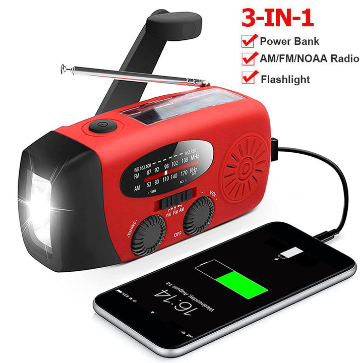 Radio d'urgence autonome – Manivelle, solaire, lampe de poche et batterie externe – Radio FM/AM, essentielle pour les catastrophes et les urgences