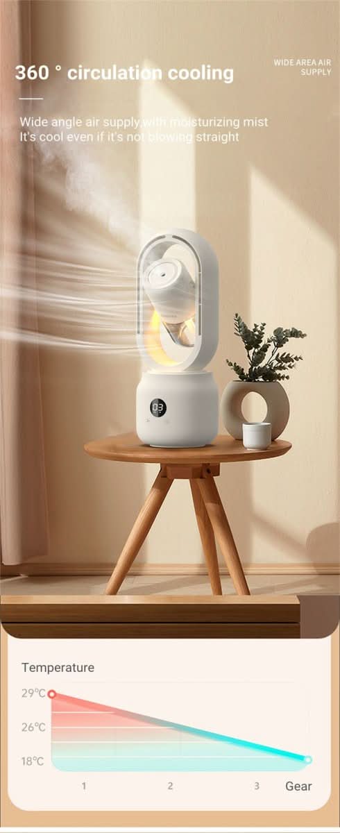 Ventilateur portable sans pales avec humidificateur et veilleuse pour un confort rafraîchissant