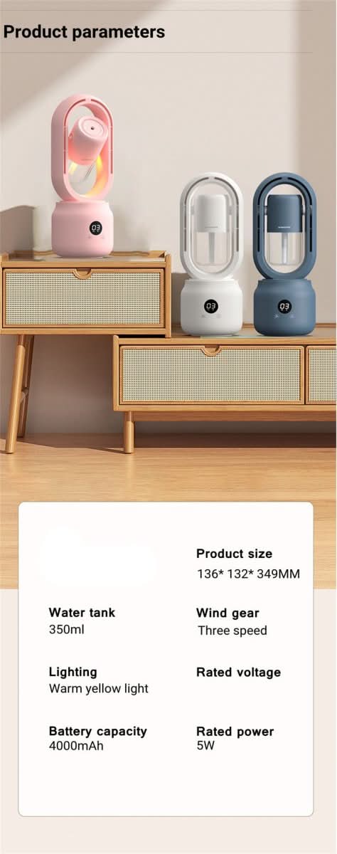 Ventilateur portable sans pales avec humidificateur et veilleuse pour un confort rafraîchissant