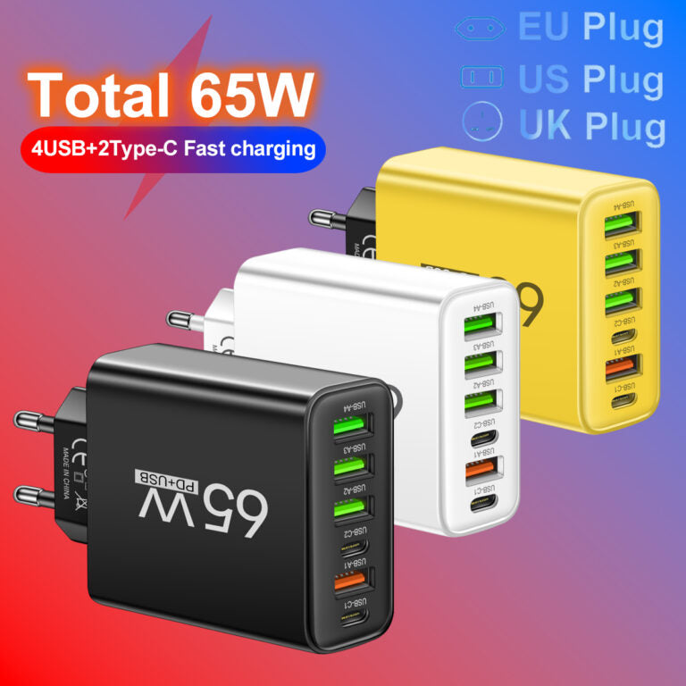 Chargeur Rapide 65W 6-en-1 – Chargez Jusqu'à 6 Appareils en Même Temps – Parfait pour la Maison, le Bureau et les Voyages