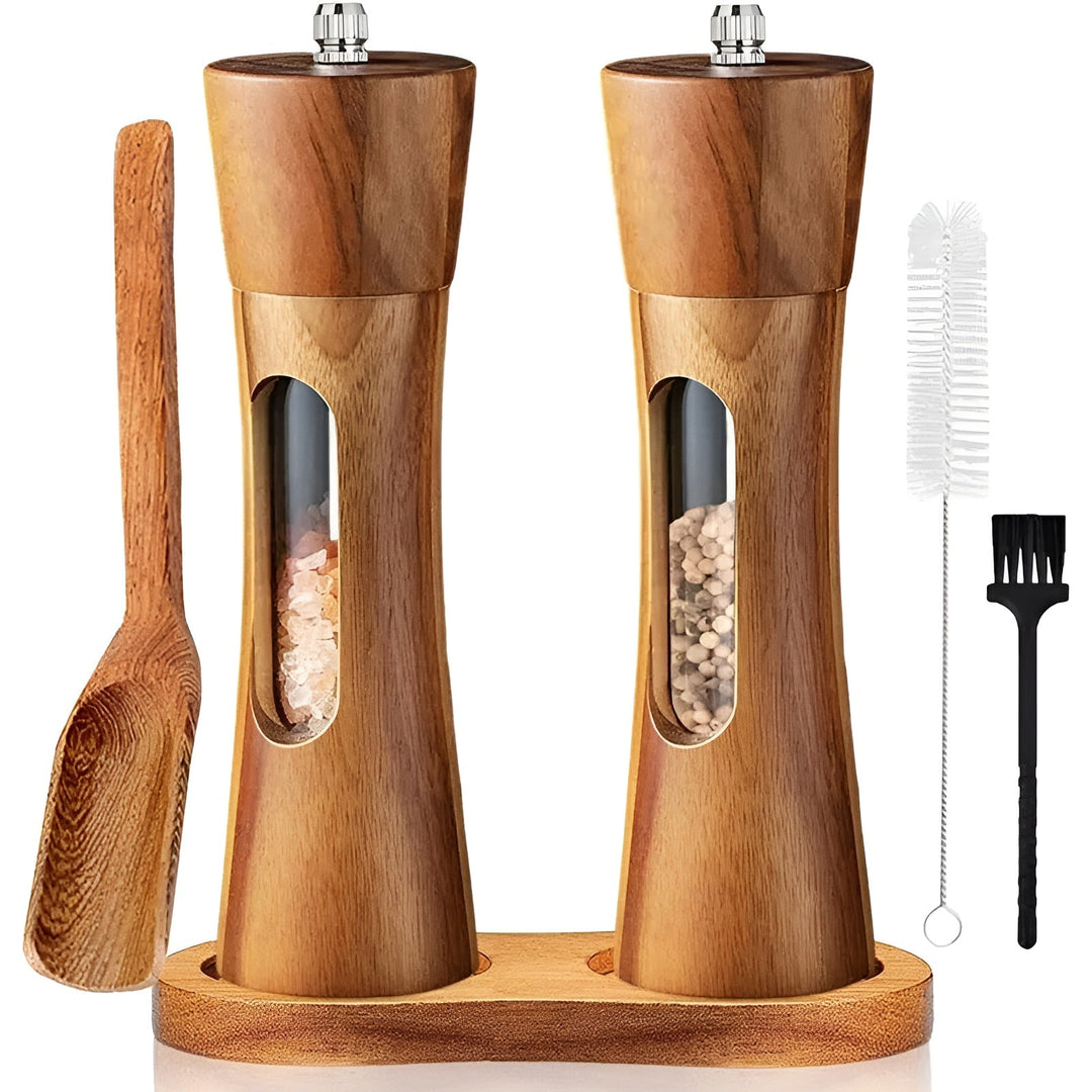 Ensemble de 2 moulins à sel et poivre en bois avec fenêtre en acrylique