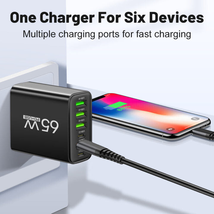 Chargeur Rapide 65W 6-en-1 – Chargez Jusqu'à 6 Appareils en Même Temps – Parfait pour la Maison, le Bureau et les Voyages