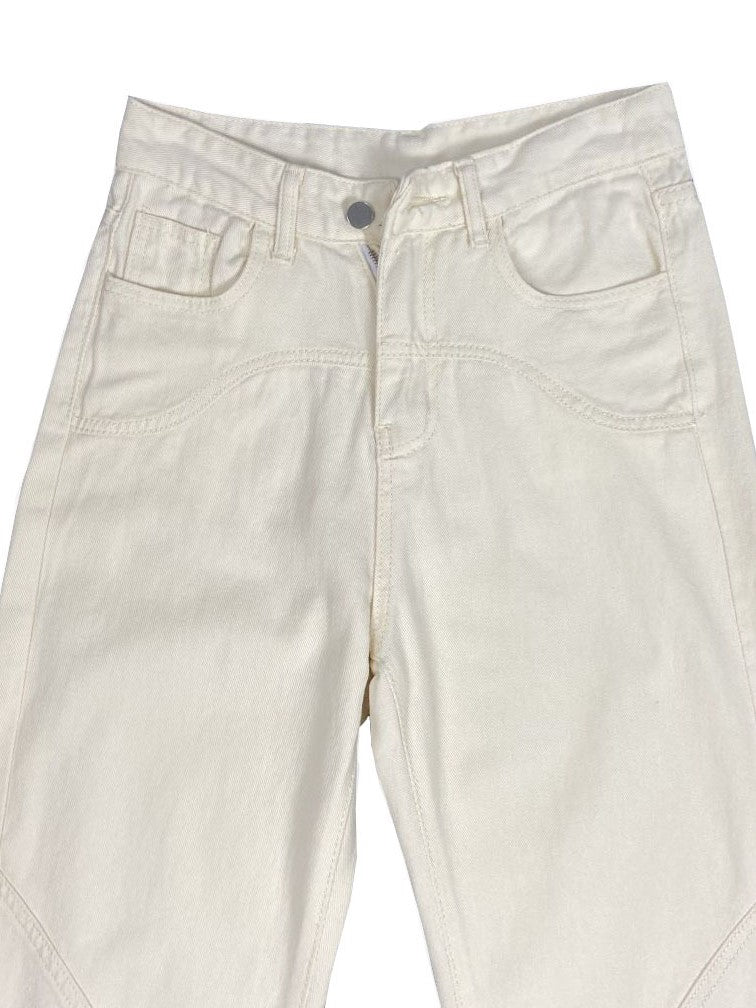 Jeans Baggy Boyfriend Vintage Blanc à Jambe Droite avec Détail Splice