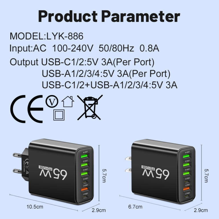 Chargeur Rapide 65W 6-en-1 – Chargez Jusqu'à 6 Appareils en Même Temps – Parfait pour la Maison, le Bureau et les Voyages
