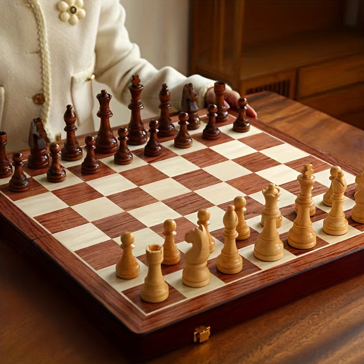 Ensemble d'Échecs en Bois | Plateau d'Échecs avec Pièces | Pliable et Portable