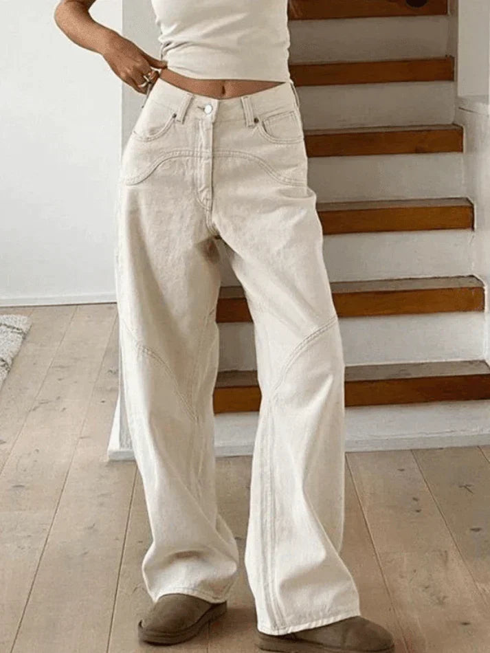 Jeans Baggy Boyfriend Vintage Blanc à Jambe Droite avec Détail Splice