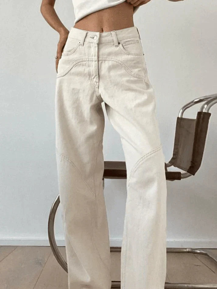 Jeans Baggy Boyfriend Vintage Blanc à Jambe Droite avec Détail Splice