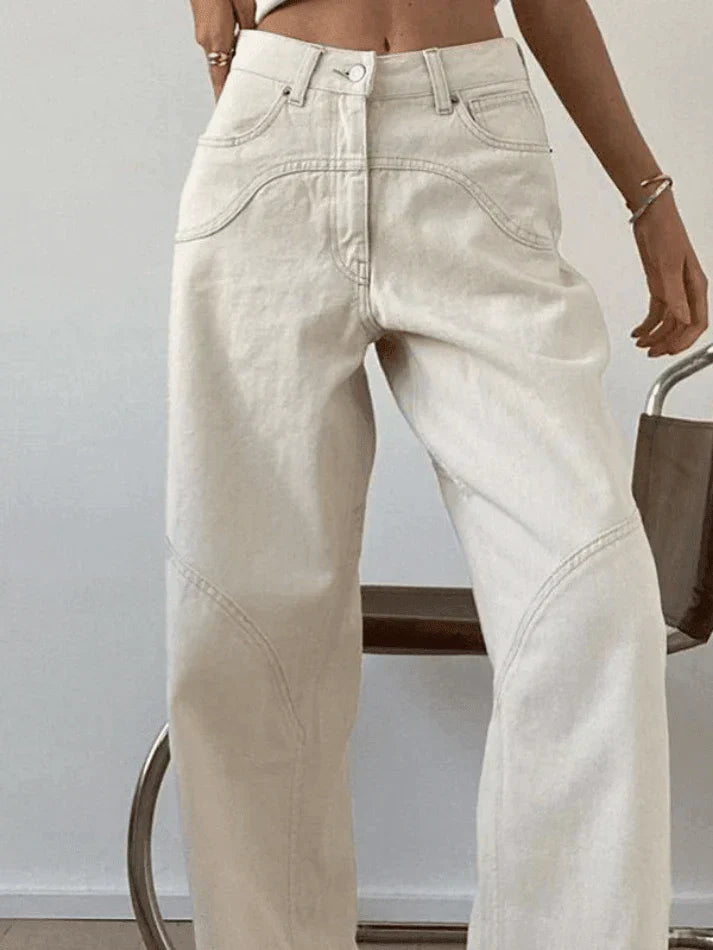 Jeans Baggy Boyfriend Vintage Blanc à Jambe Droite avec Détail Splice
